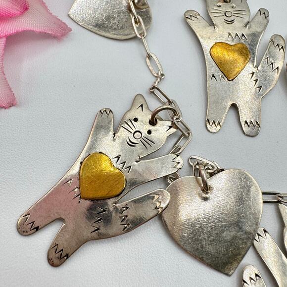 Vintage Silver Tone Cats Hearts Charm Necklace Brass Hearts Lightweight Artisan - Picture 11 of 15